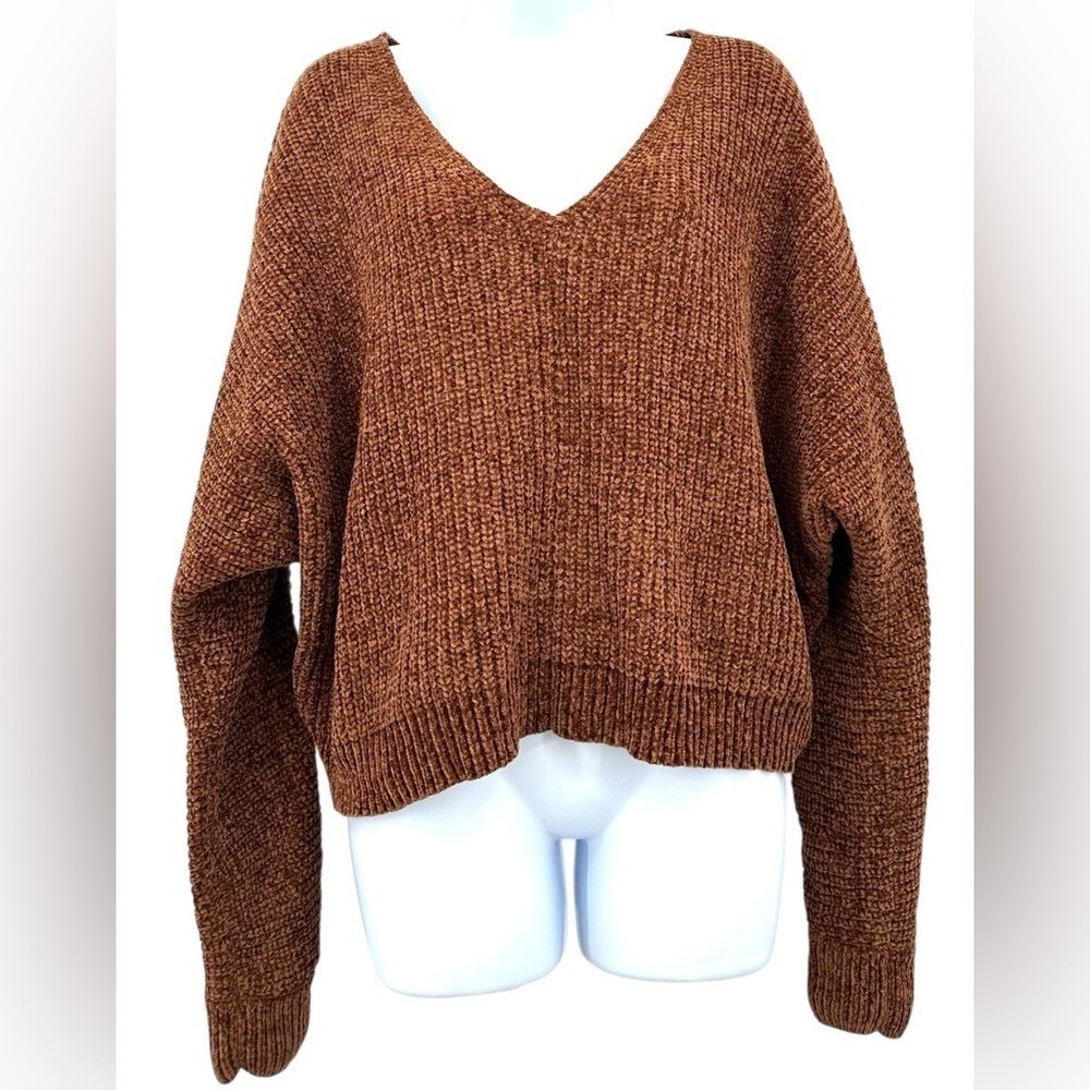 DOUBLE ZERO Chenille Knit Sweater Dolman Sleeve Rust Brown Size Small Oversized